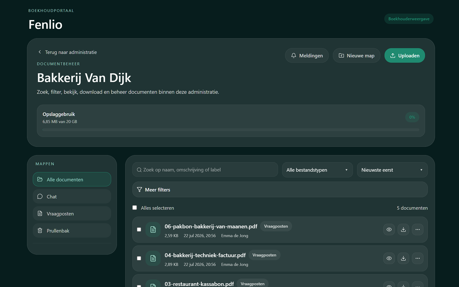Centraal documentenbeheer in Fenlio met mappen, filters en bestanden