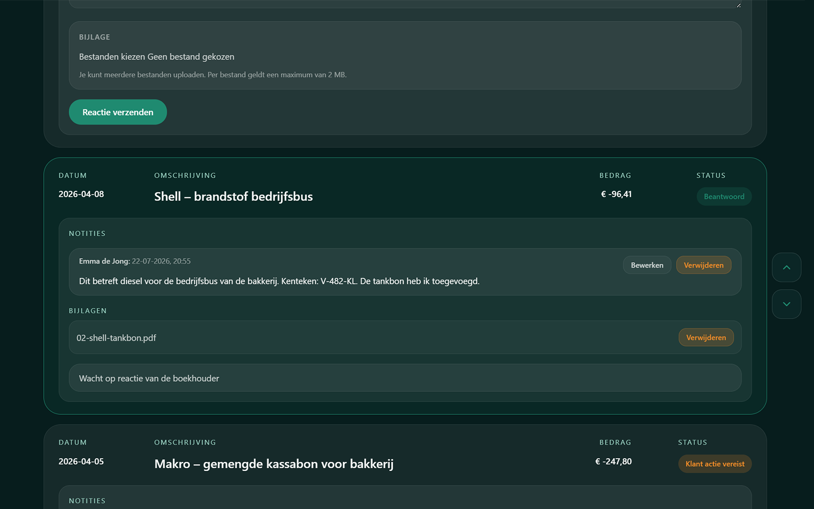 Fenlio-klantportaal met openstaande vraagposten en uploadmogelijkheden