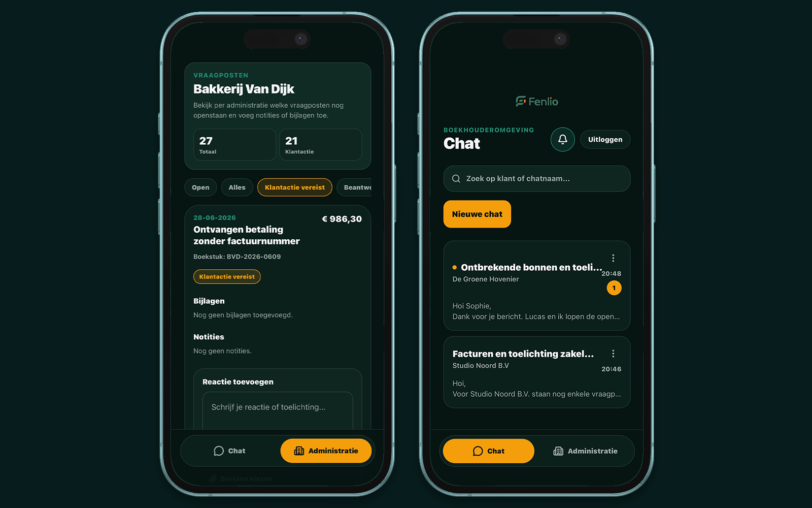 Mobiele Fenlio-app met administraties, vraagposten en chat