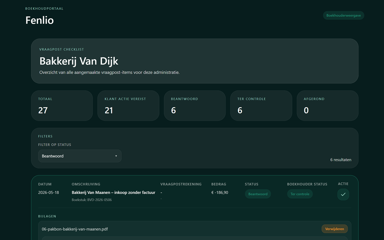 Vraagpostenoverzicht in Fenlio met statussen, notities en bijlagen