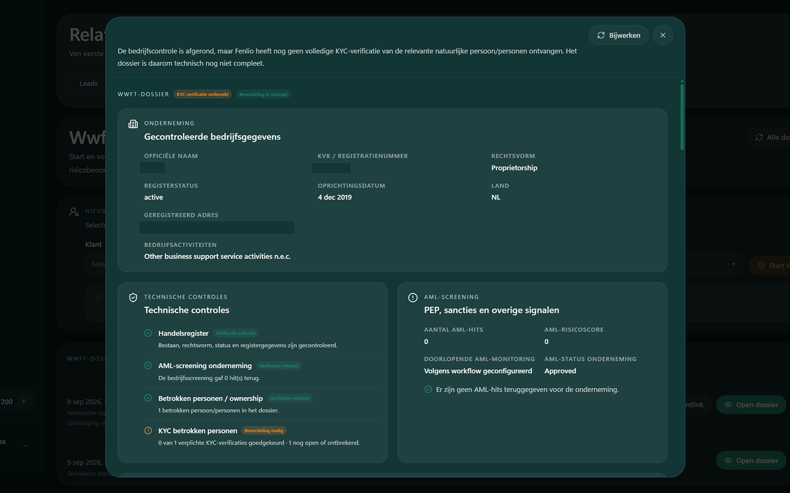 Fenlio Wwft- en compliance-overzicht binnen het klantdossier.